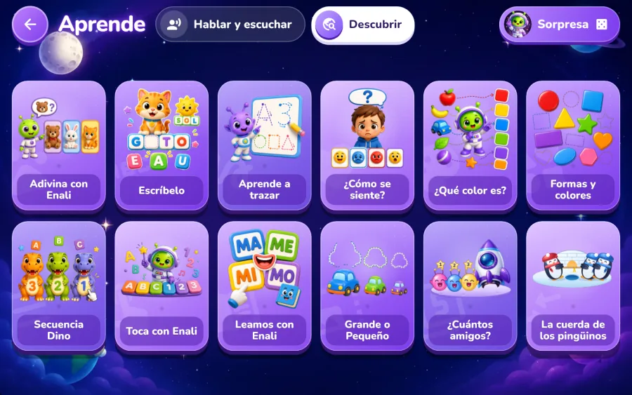 Estante Descubrir de Aprende sobre el cielo de Enali: doce portadas violeta, de Adivina con Enali a La cuerda de los pingüinos, con las pestañas Hablar y escuchar y Descubrir y el botón Sorpresa.