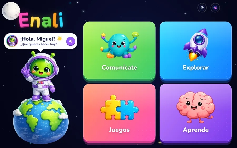 Pantalla de inicio de Enali: a la izquierda el nombre Enali en letras de colores, el saludo ¡Hola, Miguel! ¿Qué quieres hacer hoy? y Enali sobre la Tierra; a la derecha cuatro puertas de colores: Comunícate, Explorar, Juegos y Aprende.