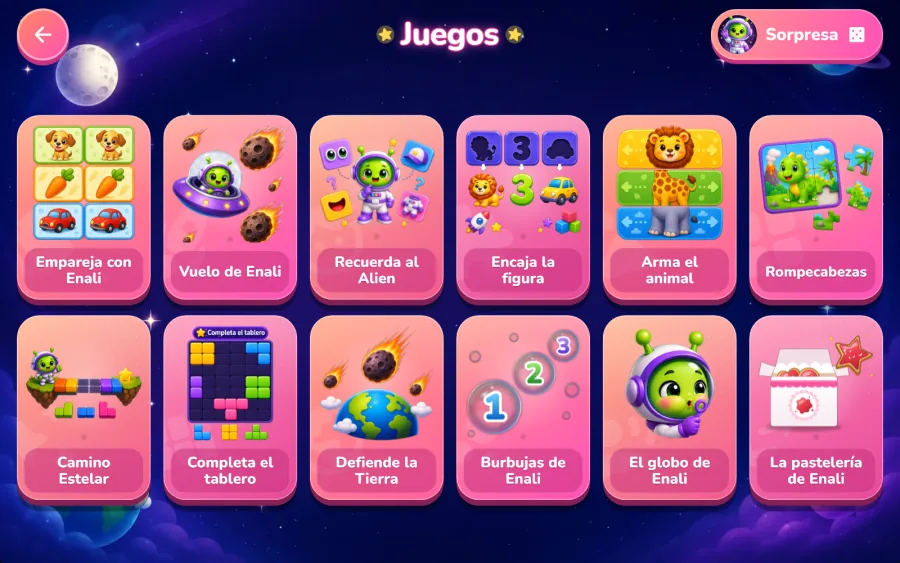 Estante Juegos con doce portadas rosas a la vista: Empareja con Enali, Vuelo de Enali, Recuerda al Alien, Encaja la figura, Arma el animal, Rompecabezas, Camino Estelar, Completa el tablero, Defiende la Tierra, Burbujas de Enali, El globo de Enali y La pastelería de Enali.