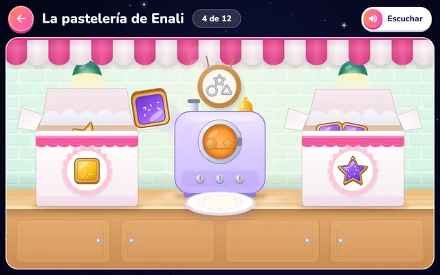 La pastelería de Enali: Las galletas salen del horno y se guardan por color. Suena la campanita, el letrero gira y ahora van por forma: las mismas galletas, a la otra caja.