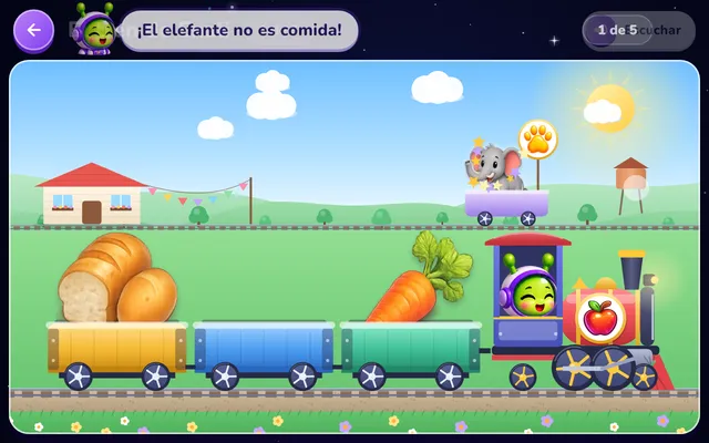 El tren de Enali: Llega el tren con un pictograma en cada vagón. «¿Cuál no es comida?». El que no va se sube a su propio carrito, y Enali explica por qué: «¡El perro no es comida! ¡Es un animal!».