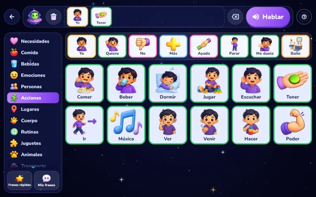 Categoría Acciones abierta, con Comer, Beber, Dormir, Jugar, Escuchar, Tener, Ir, Música, Ver, Venir, Hacer y Poder. En la barra de la frase, Yo y Tener.