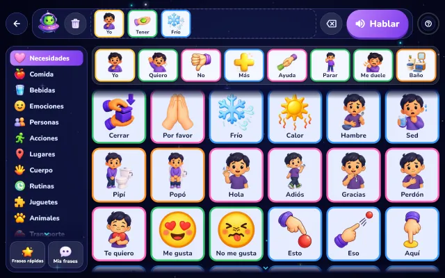Tablero de comunicación de Enali en una tablet: en la barra de la frase, los pictogramas Yo, Tener y Frío y el botón Hablar; debajo, la fila fija de palabras base y la cuadrícula de Necesidades, cada pictograma enmarcado en el color de su tipo de palabra.