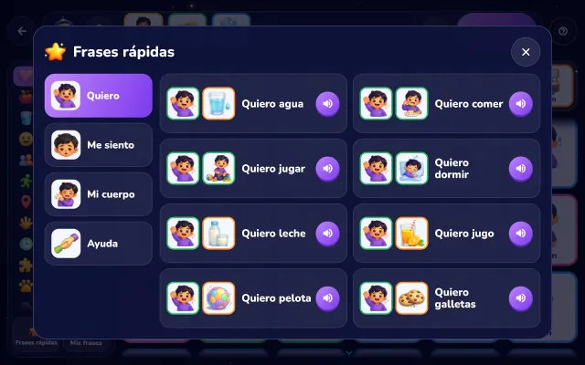 Panel de Frases rápidas sobre el tablero: a la izquierda los grupos Quiero, Me siento, Mi cuerpo y Ayuda; a la derecha Quiero agua, Quiero comer, Quiero jugar, Quiero dormir, Quiero leche, Quiero jugo, Quiero pelota y Quiero galletas.
