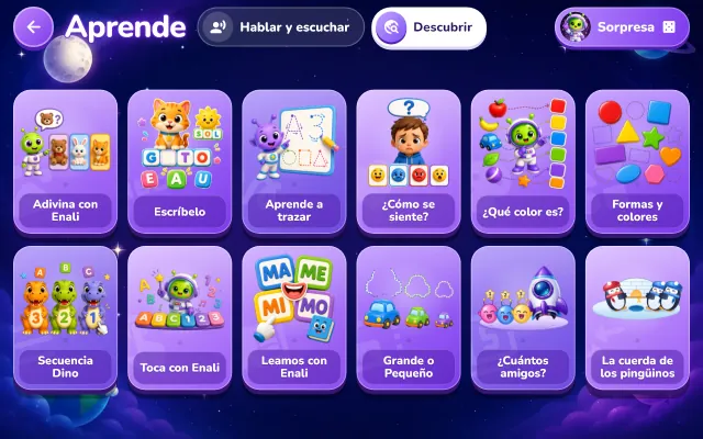 Estante Descubrir de Aprende con doce portadas a la vista, entre ellas Adivina con Enali, Escríbelo, Aprende a trazar, ¿Cómo se siente?, ¿Cuántos amigos? y La cuerda de los pingüinos. Arriba, las pestañas Hablar y escuchar y Descubrir, y el botón Sorpresa.