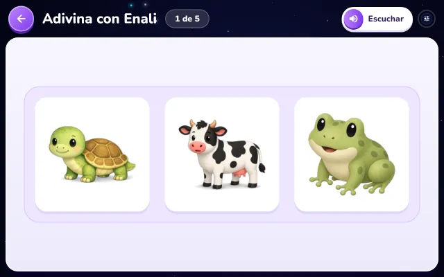Actividad Adivina con Enali: arriba, Enali pregunta ¿Cuál es la vaca?; en el tablero, tres tarjetas blancas: un cerdo, una oveja y una vaca.