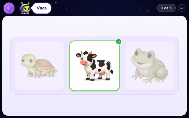 Actividad Adivina con Enali: arriba, Enali dice «Vaca»; de las tres tarjetas, la de la vaca se pone verde con un visto y las otras dos se apagan.