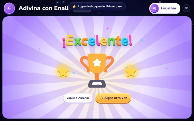 Celebración al terminar: la palabra ¡Excelente! en letras de colores y un trofeo dorado entre dos estrellas, sobre rayos de luz violeta, con los botones para volver o jugar otra vez.