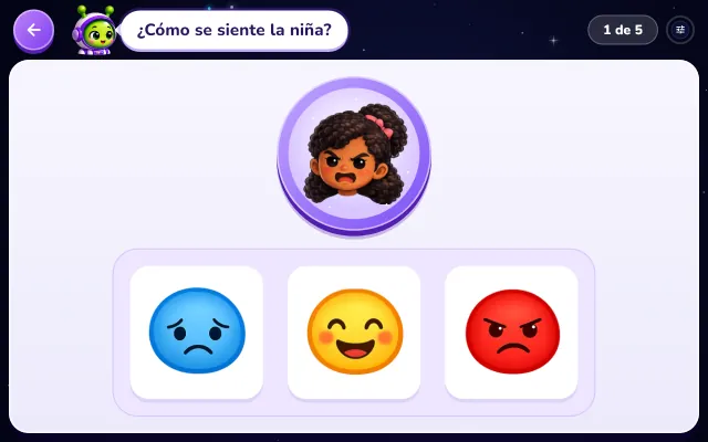 Actividad ¿Cómo se siente?: una niña enojada en una ventanita redonda y, debajo, tres caras sin nombre para elegir: triste, feliz y enojada.