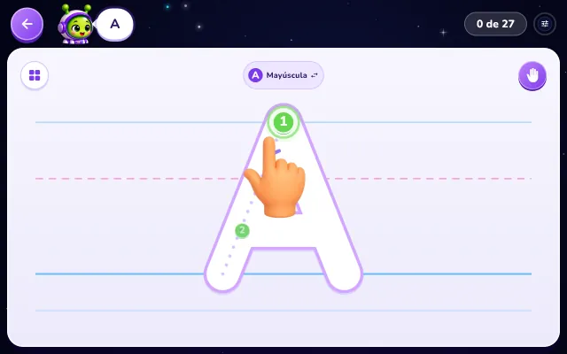 Actividad Aprende a trazar: la letra A como un canal blanco sobre las líneas del cuaderno, con su punto de inicio numerado y la mano guía. En la animación, un dedo recorre los trazos y la letra se llena de un arcoíris con brillos.