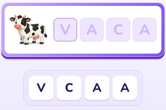 Escríbelo en nivel Guiado: arriba, Enali con Escribe la palabra; en el juguete, la vaca y cuatro casillas con V, A, C y A tenues; debajo, las letras V, C, A y A. En la animación se tocan V, A, C y A y cada una se posa en su casilla.
