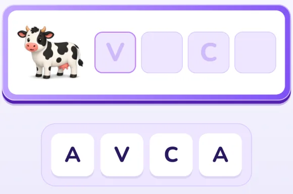 Escríbelo en nivel Ayuda parcial: la vaca y cuatro casillas, con letra guía tenue solo en la primera, V, y en la tercera, C; debajo, las letras. En la animación se tocan las letras en orden hasta completar VACA.