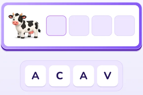 Escríbelo en nivel Desafío: la vaca, cuatro casillas vacías y la bandeja de letras. En la animación se tocan las letras en orden hasta completar VACA.