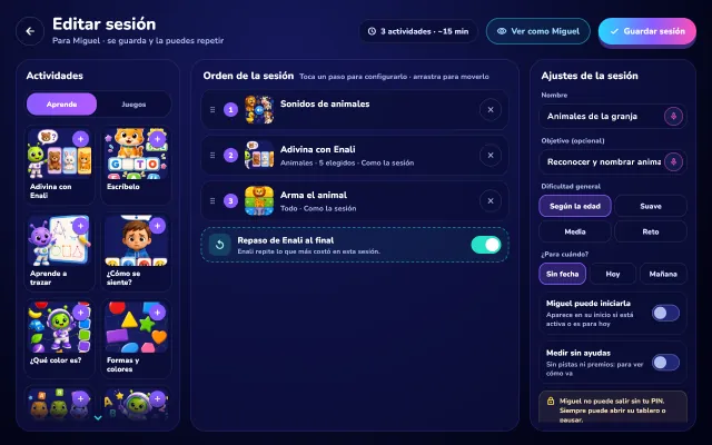 Pantalla Crear sesión personalizada: la biblioteca de actividades, la secuencia Sonidos de animales, Adivina con Enali, Arma el animal y Refuerzo al final, y la configuración con nombre, objetivo y dificultad.