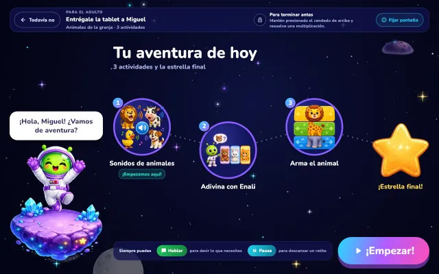 Pantalla antes de empezar: arriba, para el adulto, Entrégale la tablet a Miguel y cómo terminar antes; para el niño, Tu aventura de hoy, con Sonidos de animales, Adivina con Enali y Arma el animal en un camino hasta la estrella final, Enali saludando y el botón ¡Empezar!.