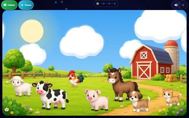 Sesión en curso: la granja de Sonidos de animales, con los botones Hablar y Pausa arriba a la izquierda y el progreso de la sesión arriba al centro.