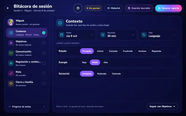 Bitácora de sesión en el paso Contexto: fecha, duración, tipo de sesión, estado inicial, energía, estado sensorial, y regulación y apoyos.