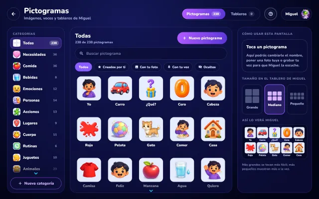 Pantalla Pictogramas personalizados de Modo Padres: categorías a la izquierda, la cuadrícula de pictogramas con botones para editar, reemplazar, grabar voz o eliminar cada uno, y a la derecha el selector de tamaño Grande, Mediano o Pequeño.