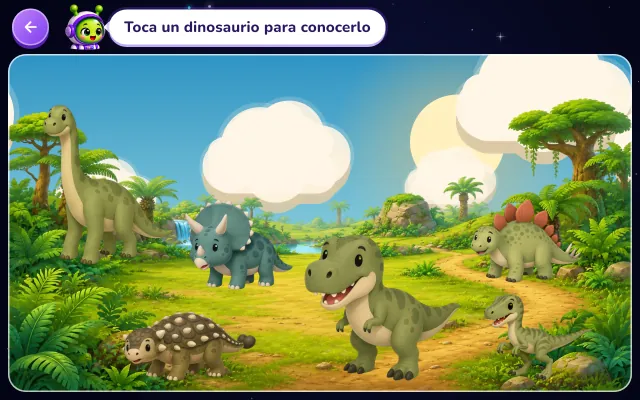 Escena Dinosaurios: seis dinosaurios en un claro de la selva, toda la escena para tocar. En la animación, al tocar un dinosaurio se marca con un contorno amarillo y arriba Enali dice su nombre y un dato corto.