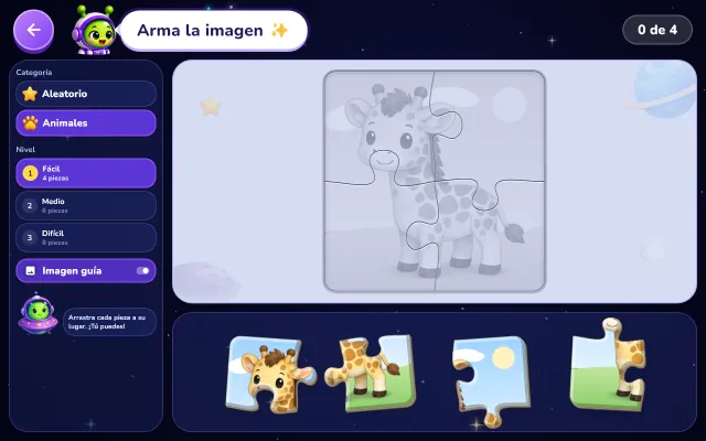 Juego Rompecabezas en nivel Fácil: arriba, Enali con Arma la imagen; la silueta de una jirafa y sus cuatro piezas abajo, para arrastrar. En la animación, un dedo lleva cada pieza a su lugar hasta armar la jirafa.